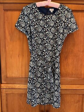 J. Crew Navy and White Paisley Tie-Waist Mini Dress